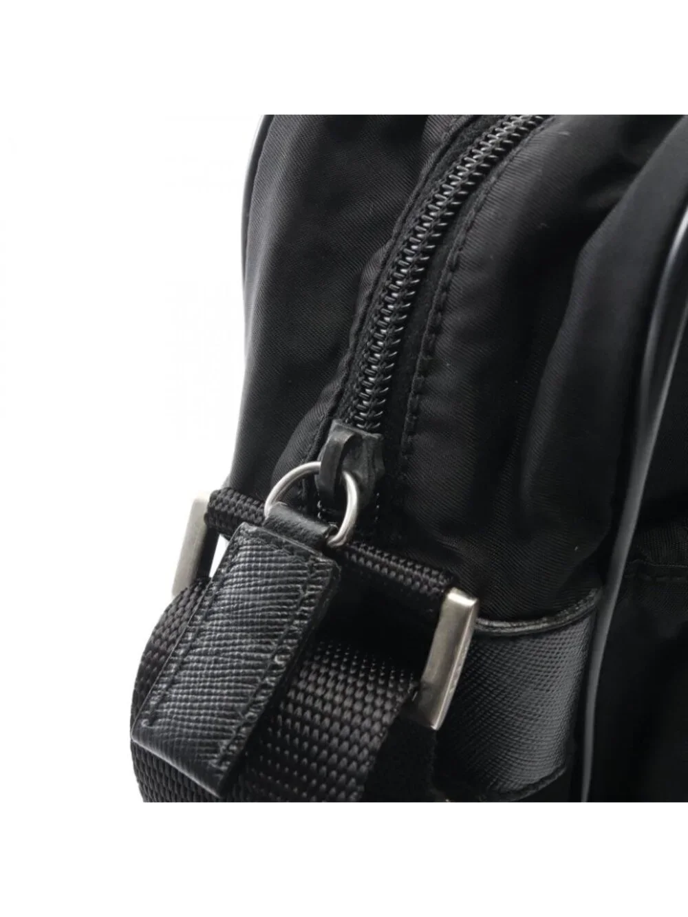 Prada Shoulder Bag Triangle Logo Black Nylon Saffiano Leather